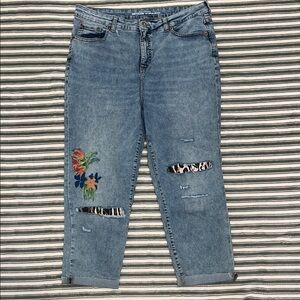 INC DENIM Floral Embroidered Blue Jeans with animal print high rise crop jeans